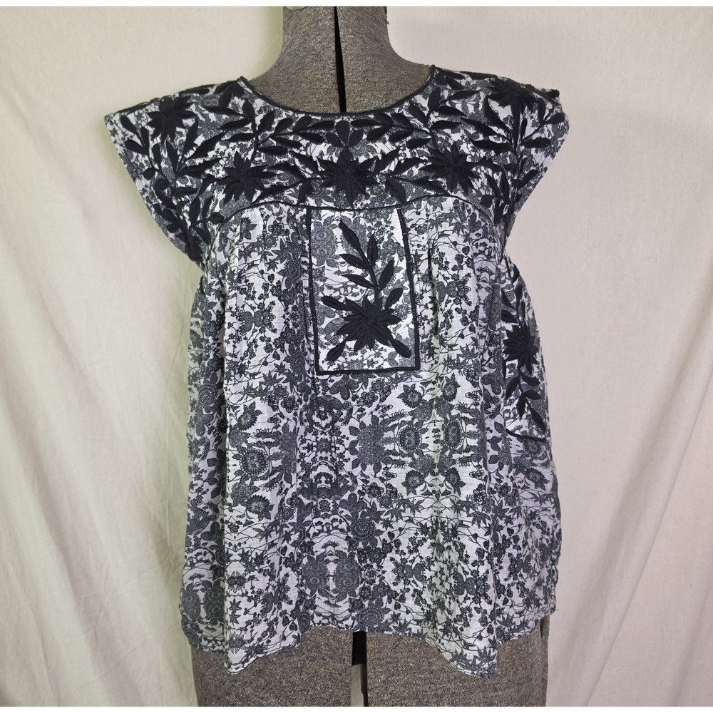 Carolina K Top Blouse Silk Cotton Blend Black White Embroidered Floral Leaf